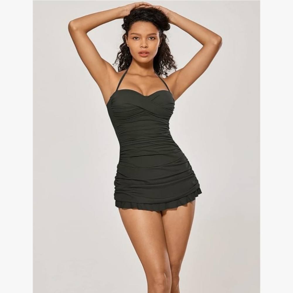 Dark Olive DOBREVA Women's Vintage One Piece Swim Dress Tummy Control
